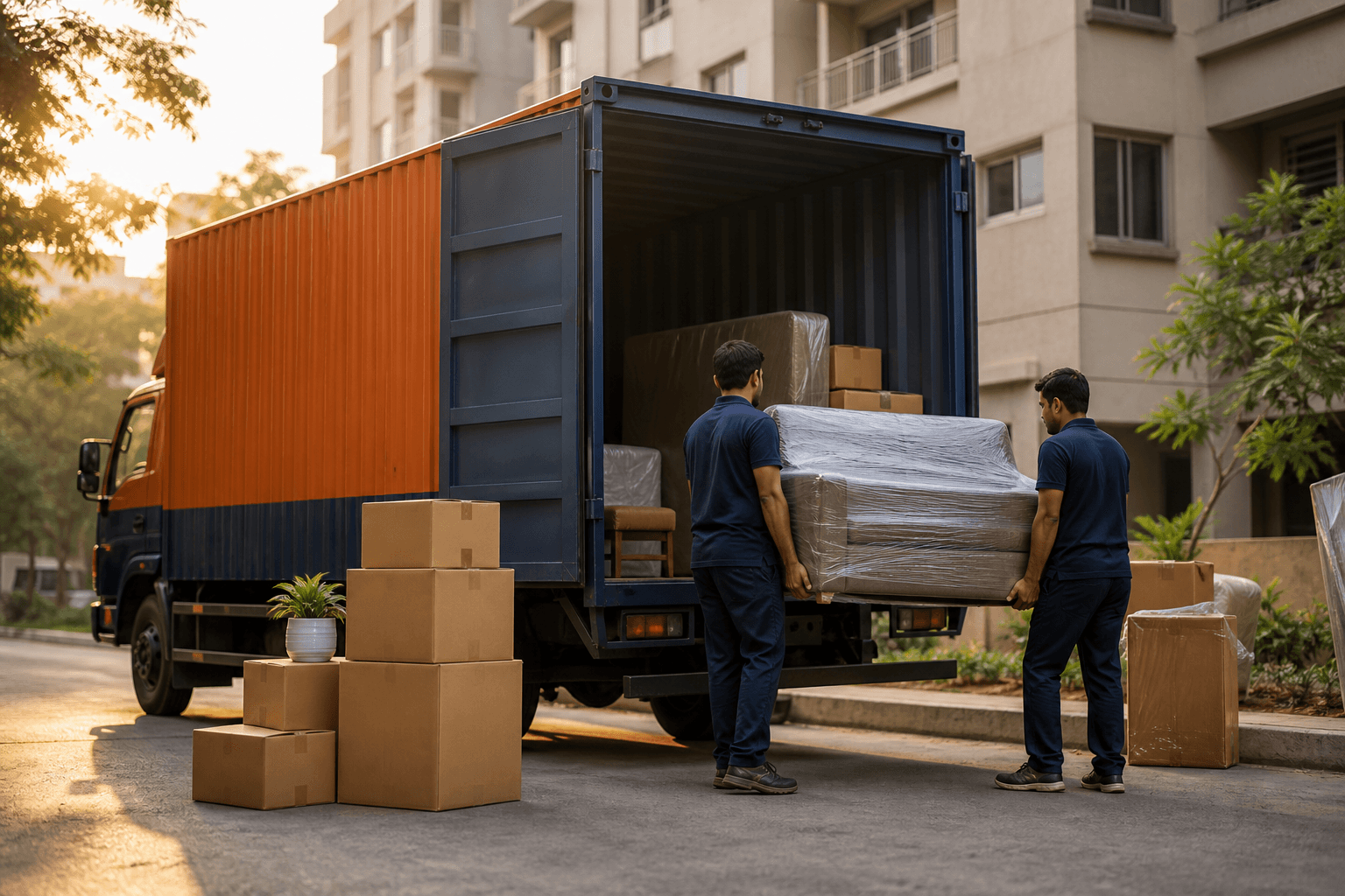 Professional movers loading a truck for household relocation